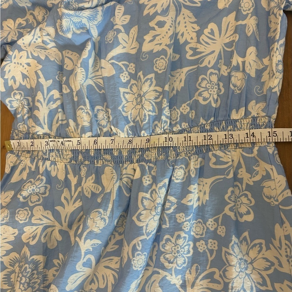 Ann Taylor Off The Shoulder Puff Sleeves Blue & White Floral Summer Dress Size L - Picture 7 of 10